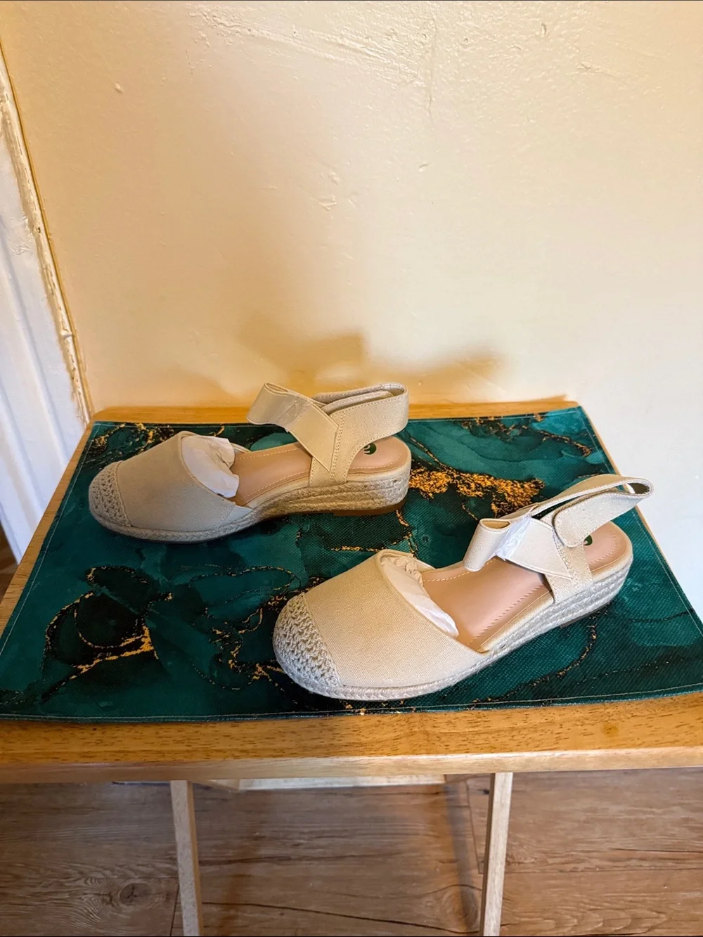 Women's Beige Canvas Espadrille Flats with Ankle Tie